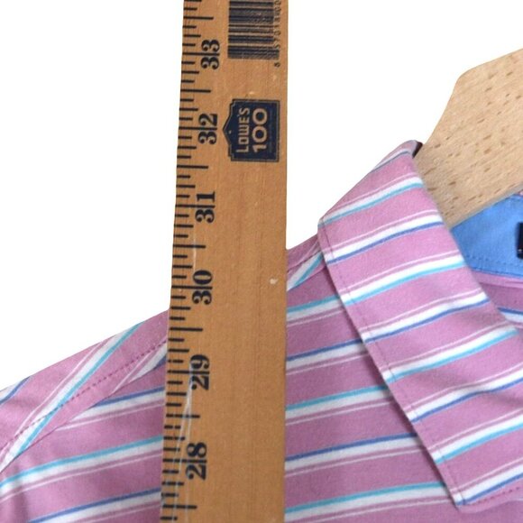 Johnnie-O Pink Blue Stripe Polo Shirt Size L  Surf Logo Beachy Preppy - Picture 7 of 7